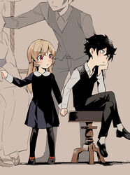  2boys 2girls angry black_dress black_footwear black_hair black_legwear black_neckwear black_pants black_vest brown_background brown_hair closed_mouth commentary_request doromame dress elbow_rest frown grey_shirt hand_on_own_cheek hand_on_own_face holding_hands lolicon long_hair long_sleeves looking_at_another mary_janes multiple_boys multiple_girls nakiri_asahi nakiri_azami nakiri_erina pants pantyhose red_eyes shirt shoes shokugeki_no_souma sitting smile vest white_shirt 