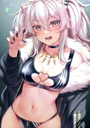  animal_ears bare_shoulders bikini black_bikini black_nails blush breasts claw_pose earrings eyebrows_visible_through_hair fangs female fur-trimmed_jacket fur_trim grey_eyes grey_hair hair_between_eyes heart highres hololive jacket jewelry large_breasts lion_ears lion_girl long_hair looking_at_viewer navel necklace off_shoulder open_mouth saruei shiny shiny_skin shishiro_botan solo stomach swimsuit toned virtual_youtuber zipper 