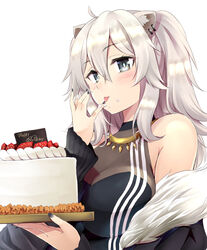  ahoge animal_ear_fluff animal_ears bare_shoulders black_jacket black_nails black_shirt breasts cake cleavage commentary_request ear_piercing female food food_on_face food_on_hand fruit fur-trimmed_jacket fur_trim grey_eyes grey_hair hair_between_eyes hands_up highres holding hololive jacket licking licking_finger lion_ears long_hair long_sleeves looking_away makishima_rin medium_breasts nail_polish off_shoulder piercing see-through see-through_cleavage shirt shishiro_botan shishiro_botan_(1st_costume) simple_background sleeveless sleeveless_shirt sleeves_past_wrists solo strawberry tongue tongue_out two_side_up virtual_youtuber white_background 