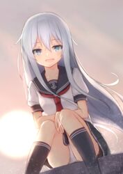  anchor_symbol blue_eyes centi_mnkt commentary_request female grey_hair hibiki_(kancolle) highres kantai_collection long_hair looking_at_viewer neckerchief no_headwear open_mouth panties pantyshot school_uniform serafuku sitting skirt smile solo underwear very_long_hair white_panties 