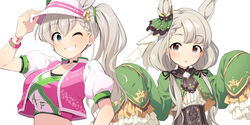  2girls :o animal_ears arm_up bad_id bad_pixiv_id black_choker blue_eyes braid braided_bangs breasts center_frills choker collarbone cosplay crop_top cropped_jacket earrings frills green_jacket grey_hair grin hair_between_eyes hair_over_shoulder hand_on_headwear highres hisakawa_hayate hisakawa_nagi horse_ears horse_girl idolmaster idolmaster_cinderella_girls idolmaster_cinderella_girls_starlight_stage ines_fujin_(umamusume) ines_fujin_(umamusume)_(cosplay) jacket jewelry kemonomimi_mode long_hair long_sleeves looking_at_viewer low_twintails medium_breasts multiple_girls nagae_rika navel one_eye_closed open_clothes open_jacket parted_lips pink_jacket puffy_short_sleeves puffy_sleeves revision satono_diamond_(umamusume) satono_diamond_(umamusume)_(cosplay) shirt short_sleeves side_ponytail simple_background sleeves_past_fingers sleeves_past_wrists smile tachibana_hina_(voice_actor) twintails uccow umamusume upper_body very_long_hair visor_cap voice_actor_connection white_background white_headwear white_shirt 