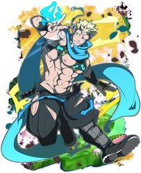  1boy abs bara black_eyes black_hair blonde_hair blue_scarf bruise chest_harness clothing_cutout crow_(siranui) full_body harness highres horns injury jiraiya_(housamo) large_pectorals male_focus multicolored_hair muscular muscular_male navel nipples pectorals running scarf shoes solo thigh_cutout tokyo_afterschool_summoners topless_male 