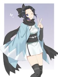  ;3 bad_id bad_pixiv_id black_bow black_hair black_scarf black_thighhighs blue_background bow bug butterfly cosplay fate/grand_order fate_(series) female gradient_background gradient_hair hair_intakes hairbow haori japanese_clothes kimetsu_no_yaiba kimono kochou_shinobu koha-ace looking_at_viewer multicolored_hair obi okita_souji_(fate) okita_souji_(koha-ace) okita_souji_(koha-ace)_(cosplay) one_eye_closed oshage_(osyage921) purple_hair sash scarf shinsengumi short_hair short_kimono solo thighhighs v white_background white_kimono 