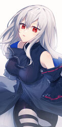  arknights arm_cuffs arms_at_sides ascot bare_shoulders black_ascot black_shirt breasts chinese_commentary commentary_request cowboy_shot female grey_hair hair_between_eyes highres idass_(idass16) long_hair looking_at_viewer medium_breasts no_headwear open_mouth partial_commentary red_eyes shirt simple_background skadi_(arknights) skadi_(elite_ii)_(arknights) sleeveless sleeveless_shirt solo very_long_hair white_background 