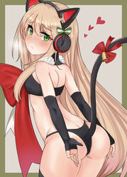  absurdres animal_ear_headphones animal_ears ass bare_shoulders bell blonde_hair blush bow cat_ear_headphones cat_ears cat_tail christmas cla_(finesoda) covering_ass covering_privates cowboy_shot detached_sleeves fake_animal_ears female from_behind fur_trim girls&#039;_frontline green_eyes hair_between_eyes headphones heart highres long_hair looking_at_viewer looking_back official_alternate_costume red_bow simple_background solo tail thighhighs tmp_(girls&#039;_frontline) tmp_(red-eared_cat)_(girls&#039;_frontline) 