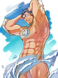  1boy abs bara blue_eyes cowboy_shot darlton facial_hair fins fish_boy large_pectorals male_focus muscular muscular_male navel nipples nude pectorals short_hair sideburns solo stomach stubble thick_thighs thighs tokyo_afterschool_summoners triton_(housamo) water water_censor 