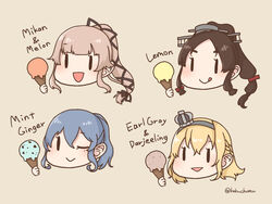  4girls black_hair blonde_hair blue_hair braid crown gotland_(kancolle) hair_flaps hair_tie half_up_braid headgear high_ponytail ice_cream_cone kamoku_nagi kantai_collection long_hair mini_crown mole mole_under_eye multi-tied_hair multiple_girls nisshin_(kancolle) one_eye_closed pink_hair ponytail short_eyebrows solid_oval_eyes very_long_hair warspite_(kancolle) yura_(kancolle) 