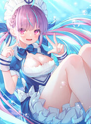  :d absurdres ahoge air_bubble anchor_symbol ankle_cuffs blue_bow blue_dress blue_hair blue_nails blue_ribbon blunt_bangs blush bow bowtie braid breasts bubble chinese_commentary cleavage cleavage_cutout clothing_cutout colored_inner_hair commentary dress female framed_breasts french_braid frilled_dress frills hair_ribbon highres hitokuchii hololive long_hair looking_at_viewer maid_headdress minato_aqua minato_aqua_(1st_costume) multicolored_hair nail_polish oerba_yun_fang open_mouth photoshop_(medium) puffy_short_sleeves puffy_sleeves purple_eyes purple_hair ribbon short_dress short_sleeves sidelocks skin_fang smile solo streaked_hair thighs twin_braids twintails two-tone_hair underwater virtual_youtuber w wrist_cuffs 