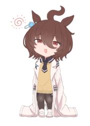  :d agnes_tachyon_(umamusume) ahoge animal_ears bad_id bad_pixiv_id black_neckwear black_pantyhose black_shirt brown_hair chibi collared_shirt commentary_request female full_body hair_between_eyes horse_ears horse_girl horse_tail lab_coat long_sleeves looking_at_viewer makabe_gorou open_clothes open_mouth pantyhose red_eyes shirt shoes simple_background sleeves_past_fingers sleeves_past_wrists smile solo standing sun_symbol sweater_vest tail umamusume white_background white_footwear 