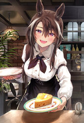  :d animal_ears arm_garter arm_strap black_neckwear black_skirt blouse blush bottle breasts brick_wall brown_hair buttons cafe collared_shirt commentary_request cupboard female food hair_between_eyes high-waist_skirt highres holding holding_plate horse_ears horse_girl large_breasts long_hair long_sleeves looking_at_viewer multicolored_hair open_mouth original outstretched_arm pink_eyes plant plate reaching reaching_towards_viewer shirt shortcake sidelocks skirt smile solo streaked_hair syuri22 table two-tone_hair waitress white_hair white_shirt wing_collar 