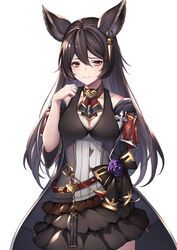  animal_ears ascot bags_under_eyes bare_shoulders belt black_dress black_hair blush breasts cleavage closed_mouth collarbone commentary dress ear_piercing erune female flower granblue_fantasy hair_between_eyes highres long_hair looking_at_viewer medium_breasts nier_(granblue_fantasy) piercing purple_flower purple_rose red_eyes rose solo ym_(distance819) 