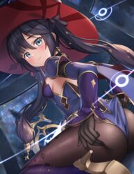  3: ass black_gloves black_hair blue_eyes blue_leotard breasts brown_pantyhose cape closed_mouth detached_sleeves female from_behind genshin_impact gloves gold_trim gradient_legwear hat high_heels highres leotard long_hair long_sleeves looking_at_viewer looking_back mona_(genshin_impact) pantyhose sitting small_breasts solo twintails wariza witch_hat yuririn_poi 