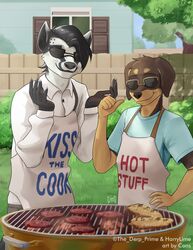  absurd_res anthro apron backyard barbecue building canid canine canis clothing daniel_porter digit_ring dobermann domestic_dog dress_shirt duo eyewear fence generation_8_pokemon grass grill hi_res house jewelry larger_anthro larger_male male male/male mammal nintendo obstagoon pinscher plant pokemon pokemon_(species) pwnagespartan ring shirt size_difference slice_of_life smaller_anthro smaller_male sunglasses t-shirt topwear tree wedding_ring window 