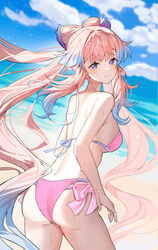  alternate_costume ass beach bikini blue_hair blue_sky blush bow-shaped_hair breasts chibi_vanille closed_mouth cloud colored_tips commentary contrapposto cowboy_shot day english_commentary female floating_hair from_behind genshin_impact halterneck highres long_hair looking_at_viewer medium_breasts multicolored_hair outdoors pink_bikini pink_hair ponytail purple_eyes sand sangonomiya_kokomi side-tie_bikini_bottom sky smile string_bikini swimsuit very_long_hair water wet 