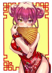  :q absurdres alternate_costume alternate_hairstyle breasts china_dress chinese_clothes cleavage cleavage_cutout clothing_cutout double_bun dress female hair_bun hand_fan heterochromia highres holding holding_fan hololive houshou_marine large_breasts long_hair looking_at_viewer ooike_teru print_dress red_dress red_eyes red_hair sleeveless sleeveless_dress solo tongue tongue_out virtual_youtuber yellow_eyes 