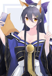  animal_ears bare_shoulders black_hair breasts brown_eyes cellphone cleavage cosplay fate/extra fate_(series) female fox_ears fox_shadow_puppet hair_between_eyes hair_ornament hairband hairclip haruna_(kancolle) highres holding holding_phone ieufg index_finger_raised jewelry kantai_collection large_breasts long_hair looking_at_viewer off-shoulder_shirt off_shoulder official_alternate_costume phone ring shirt smile solo tamamo_(fate) tamamo_no_mae_(fate/extra) tamamo_no_mae_(fate/extra)_(cosplay) tamamo_no_mae_(third_ascension)_(fate) tamamo_no_mae_(third_ascension)_(fate)_(cosplay) upper_body wedding_ring white_hairband 