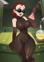  ! artist_name bare_shoulders barleyshake black_bodysuit bodysuit breasts brown_gloves commentary copyright_request covered_navel covered_nipples elbow_gloves erlenmeyer_flask evil_con_carne feet_out_of_frame female flask gloves highres major_dr_ghastly medium_breasts narrow_waist open_mouth red_hair round-bottom_flask security_camera smile solo teeth the_grim_adventures_of_billy_&amp;_mandy thick_thighs thighs toon_(style) upper_teeth_only 