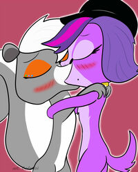  2014 artist_name bird_dog black_nose blush caluriri canid canine canis cavalier_king_charles_spaniel closed_eyes countershade_face countershade_torso countershading digital_drawing_(artwork) digital_media_(artwork) domestic_dog duo eyelashes female female/female fur grey_body grey_fur hasbro hi_res hug hunting_dog interspecies kiss_on_lips kissing littlest_pet_shop littlest_pet_shop_(2012) mammal mephitid multicolored_body multicolored_fur orange_body orange_eyeshadow pepper_clark purple_body purple_countershading purple_fur red_background semi-anthro simple_background skunk spaniel tail toy_dog two_tone_body two_tone_fur white_body white_fur zoe_trent 