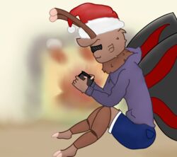  2_toes antennae_(anatomy) anthro arthropod blachuh brown_body brown_fur brown_hair butterfly christmas christmas_clothing claws clothed clothing digital_media_(artwork) feet fur gaming gomo hair hat headgear headwear hi_res holidays insects lepidopteran male neck_tuft playing_video_game smile solo toes tuft wings 