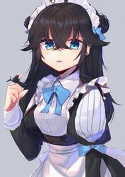  apron bad_id bad_pixiv_id black_hair black_skirt blue_bow blue_eyes bow breasts collared_shirt commentary_request double_bun female grey_background hair_between_eyes hair_bun hairbow hand_up izumo_kasumi_(nijisanji) juliet_sleeves long_hair long_sleeves looking_at_viewer maid maid_headdress mole mole_under_mouth moti_yousei nijisanji parted_lips puffy_sleeves ruffling_hair shirt simple_background skirt small_breasts solo very_long_hair virtual_youtuber waist_apron white_apron white_shirt 