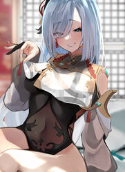  :d absurdres black_gloves black_leotard blue_eyes blurry blurry_background breast_curtain breast_curtain_lift breasts clothing_cutout covered_navel earrings female genshin_impact gloves hair_between_eyes hair_ornament hair_over_one_eye highres jewelry large_breasts leotard lifting_own_clothes long_hair looking_at_viewer nail_polish oreazu partially_fingerless_gloves shenhe_(genshin_impact) shoulder_cutout sidelocks sitting smile solo stomach_cutout tassel tassel_earrings teeth very_long_hair white_hair white_nails 