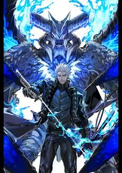  1boy arm_at_side black_gloves black_pants blue_coat blue_eyes blue_fire blue_vest buttons closed_mouth coat commentary_request cowboy_shot demon devil_may_cry_(series) devil_may_cry_5 devil_trigger fingerless_gloves fire frown gloves highres holding holding_sheath holding_sword holding_weapon horns katana long_coat looking_at_viewer male_focus manly multiple_horns ogata_tomio pants scabbard sheath short_hair sin_devil_trigger solo spoilers sword vergil_(devil_may_cry) vest weapon white_background white_hair wings 