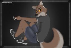  3:2 anthro bottomwear brown_body brown_fur canid canine canis cigarette cigarette_smoke clothed clothing digital_media_(artwork) dreamworks footwear fur hi_res holding_cigarette holding_object looking_at_viewer male male_anthro mammal mr._wolf_(the_bad_guys) risangdrawstuff shirt shoes shorts simple_background sitting smoke solo the_bad_guys topwear wolf 