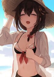  adapted_costume bikini black_bikini black_hair blue_sky braid closed_eyes cloud day female hair_flaps hair_ornament hair_over_shoulder hat jacket kantai_collection open_clothes open_jacket outdoors sha_(isago) shigure_(kancolle) shigure_kai_ni_(kancolle) single_braid sky solo straw_hat sun_hat swimsuit upper_body white_jacket 