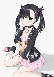  absurdres aqua_eyes asymmetrical_bangs asymmetrical_hair bad_id bad_pixiv_id black_choker black_hair black_jacket black_nails blush breasts choker collarbone commentary dress earrings female fuyuki030 hair_ribbon highres jacket jewelry long_sleeves looking_at_viewer marnie_(pokemon) medium_hair morpeko morpeko_(full) open_clothes pink_dress pokemon pokemon_(creature) pokemon_swsh red_ribbon ribbon simple_background sitting sleeves_past_wrists small_breasts twintails white_background 