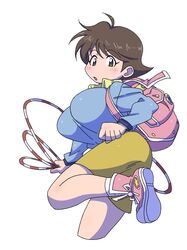  :o absurdres ahoge ass backpack bag blue_cardigan blush breasts brown_eyes brown_hair cardigan collared_shirt cropped_legs eyelashes female fishing_line green_shirt highres huge_breasts leg_up long_sleeves looking_at_viewer looking_back miniskirt no_nose open_mouth pink_bag pink_footwear powerhamuhamu shirt shoes short_hair simple_background skirt solo star_(symbol) tomboy umihara_kawase umihara_kawase_(character) white_background yellow_skirt 