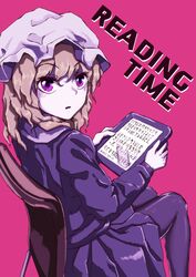  blonde_hair chair dress english_text female from_behind hat highres ipad looking_at_viewer maribel_hearn mob_cap on_chair purple_dress purple_eyes runes short_hair sitting solo tablet_pc text_messaging touhou wasabisuke 