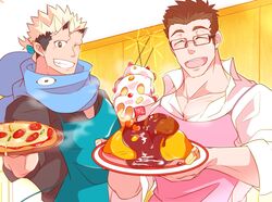  2boys ^_^ alternate_costume apron bara black_eyes black_hair blonde_hair closed_eyes crow_(siranui) food glasses highres horns jiraiya_(housamo) large_pectorals male_focus motoori_shiro multicolored_hair multiple_boys muscular muscular_male one_eye_closed pectorals pizza scarf serving shirt tokyo_afterschool_summoners 