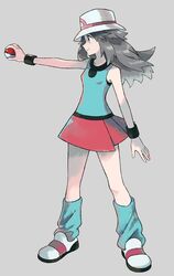  black_wristband brown_hair closed_mouth commentary_request female from_side full_body green_shirt green_socks grey_background hat highres holding holding_poke_ball ittumozzz leaf_(pokemon) long_hair loose_socks pleated_skirt poke_ball poke_ball_(basic) pokemon pokemon_frlg red_skirt shirt shoes simple_background skirt sleeveless sleeveless_shirt smile socks solo standing white_footwear white_hat wristband 