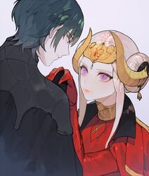  1boy bad_id bad_twitter_id blonde_hair blue_eyes blue_hair byleth_(fire_emblem) byleth_(male)_(fire_emblem) closed_mouth commentary_request edelgard_von_hresvelg female fire_emblem fire_emblem:_three_houses headpiece highres holding_hands horns korean_commentary nahonanaho purple_eyes short_hair simple_background upper_body 