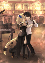  1boy absurdly_long_hair absurdres ahoge ballroom black_bow black_dress black_footwear black_gloves black_hair black_legwear black_neckwear black_pants blonde_hair blue_eyes bow braid chandelier commentary_request dancing dress eye_contact fate/grand_order fate/grand_order_waltz_in_the_moonlight/lostroom fate_(series) female flower fujimaru_ritsuka_(male) fujimaru_ritsuka_(male)_(waltz_in_the_moonlight/lostroom) gloves hair_flower hair_ornament hairbow high_heels highres holding_hands instrument jeanne_d&#039;arc_(fate) jeanne_d&#039;arc_(formal_dress)_(fate) kneehighs long_braid long_dress long_hair looking_at_another official_alternate_costume ootato pants piano shirt side_slit single_braid socks thighhighs very_long_hair white_shirt 