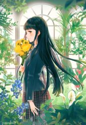  ame_(conronca) arm_at_side artist_name black_hair black_jacket blazer blunt_bangs blush bouquet brown_eyes brown_skirt closed_mouth commentary_request female flower flower_request greenhouse highres holding holding_bouquet indoors jacket long_hair long_sleeves looking_at_viewer looking_to_the_side marigold original plaid plaid_skirt plant pleated_skirt sideways_glance skirt smile solo spathiphyllum twitter_username very_long_hair window yellow_flower 