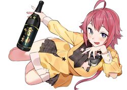  ahoge alcohol bad_id bad_pixiv_id black_necktie blue_eyes blush bottle clothing_cutout commission cup drooling elbow_cutout female fingernails green_eyes green_pupils head_rest holding holding_bottle holding_cup kitou_sakeru long_hair looking_at_viewer multicolored_eyes necktie open_mouth original pink_hair plaid plaid_necktie plaid_skirt saliva simple_background skeb_commission skirt smile solo star_(symbol) star_cutout star_print virtual_youtuber white_background wine_bottle 