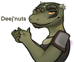  2022 4_fingers anthro argonian armor bethesda_game_studios countershading deeja deez_nuts digital_media_(artwork) female female_anthro fingers green_body green_scales green_skin hi_res humor looking_at_viewer meme microsoft narrowed_eyes ncs pauldron pupils reaction_image scales scalie simple_background skyrim slit_pupils solo text the_elder_scrolls white_background yellow_sclera 