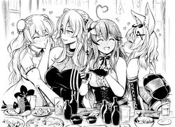  4girls ahoge animal_ears bamboo_shoot bare_shoulders blush braid breasts bun_cover commentary_request detached_sleeves drunk earrings elf flower fox_ears fox_girl greyscale hair_between_eyes hair_flower hair_ornament heart hololive jewelry large_breasts lion_ears lion_girl long_hair looking_at_another momosuzu_nene momosuzu_nene_(old_design) monochrome multiple_girls nepolabo noise_(tsuzuki) omaru_polka omaru_polka_(1st_costume) open_mouth oruyanke_(shirakami_fubuki) pointy_ears shirt shishiro_botan shishiro_botan_(1st_costume) smile virtual_youtuber yukihana_lamy yukihana_lamy_(1st_costume) yuri 