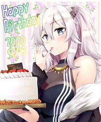  ahoge animal_ear_fluff animal_ears bare_shoulders black_jacket black_nails black_shirt breasts cake cleavage commentary dated ear_piercing female floral_background food food_on_face food_on_hand fruit fur-trimmed_jacket fur_trim grey_eyes grey_hair hair_between_eyes hands_up happy_birthday holding hololive jacket licking licking_finger lion_ears long_hair long_sleeves looking_away makishima_rin medium_breasts nail_polish off_shoulder photoshop_(medium) piercing see-through see-through_cleavage shirt shishiro_botan shishiro_botan_(1st_costume) sleeveless sleeveless_shirt sleeves_past_wrists solo strawberry tongue tongue_out two_side_up upper_body virtual_youtuber 