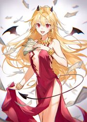  banknote blonde_hair breasts cleavage demon_girl demon_horns demon_tail demon_wings dress e_(h798602056) earrings eyebrows_hidden_by_hair fate/grand_order fate_(series) female genderswap_(mtf) gilgamesh_(fate) hair_between_eyes highres holding holding_money horns jewelry long_hair looking_at_viewer money necklace open_mouth red_eyes rule_63 smile solo tail very_long_hair wings 