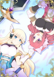  2girls akino_(princess_connect!) bare_shoulders black_bow blonde_hair blue_eyes blush bow breasts elf fukui_sora hair_ornament hair_up hairbow jewelry large_breasts long_hair multiple_girls open_mouth parted_bangs pointy_ears ponytail princess_connect! purple_eyes red_hair saren_(princess_connect!) sidelocks simple_background smile white_bow 