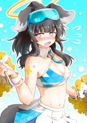  animal_ears bangle bare_shoulders black_hair blue_archive blush bracelet breasts cheerleader cleavage commentary_request dog_ears dog_girl dog_tail eyewear_on_head female flying_sweatdrops goggles goggles_on_head gradient_background halftone halftone_background halo hariyaa hibiki_(blue_archive) hibiki_(cheer_squad)_(blue_archive) highres holding holding_pom_poms jewelry long_hair looking_at_viewer medium_breasts midriff millennium_cheerleader_outfit_(blue_archive) navel nose_blush official_alternate_costume open_mouth polka_dot polka_dot_background pom_pom_(cheerleading) ponytail revision skirt solo sticker_on_arm sticker_on_face sweat tail white_skirt wristband yellow_halo 