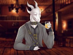  2021 4:3 anthro bar belt beverage blind claws clothed clothing coat collar digital_media_(artwork) disability dragon eyeless fingerless_gloves fully_clothed glass gloves handwear hi_res holding_object horn inside juice_(beverage) len4ik555 male mythological_creature mythological_scalie mythology orange_juice saren_(saren662) scalie sitting solo topwear white_body 