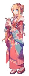  :d absurdres ahoge bad_id bad_pixiv_id blue_eyes blush braid crown_braid eiyuu_densetsu female floral_print full_body fur_trim furisode highres japanese_clothes kimono lanlanlu_(809930257) open_mouth print_kimono red_kimono sen_no_kiseki sidelocks smile solo tabi tita_russell transparent_background white_legwear 