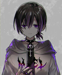  1boy bishounen black_collar black_hair black_nails black_necktie closed_mouth collar collarbone cross ear_piercing earrings eyes_visible_through_hair fingernails grey_background grey_hoodie hair_between_eyes hayama_eishi hood hood_down hoodie jewelry male_focus multicolored_hair necktie original piercing ponytail purple_eyes purple_hair ring skull skull_ring smile solo spiked_collar spikes upper_body 