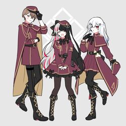  1boy 2girls :d black_footwear black_gloves black_hair black_legwear boots brown_eyes brown_hair brown_legwear cape closed_eyes commentary cross-laced_footwear full_body gloves grey_background grey_hair hakase_fuyuki hat_tip headset highres kagami_hayato knee_boots long_hair matching_outfits multicolored_hair multiple_girls nijisanji one_eye_closed open_mouth pantyhose red_eyes smc-gumi_(nijisanji) smile split-color_hair standing streaked_hair two-tone_hair v_arms very_long_hair virtual_youtuber waka_(wk4444) yorumi_rena yorumi_rena_(2nd_costume) 