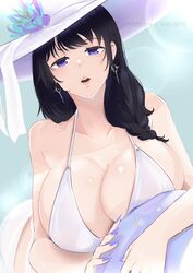  bare_shoulders bikini black_hair blue_hair braid breasts cleavage collarbone earrings female flower goddess_of_victory:_nikke hat hat_flower highres holding holding_swim_ring innertube jewelry large_breasts mary_(bay_goddess)_(nikke) mary_(nikke) multicolored_hair patreon_username side_braid smile solo streaked_hair sun_hat swim_ring swimsuit unusually_open_eyes vialnite white_bikini white_hat 