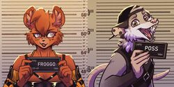  2:1 absurd_res american_opossum anthro barbie_and_ken_mugshot_meme chinchilla chinchillid duo excited female froggsalt happy hi_res male male/female mammal marsupial mugshot prison rodent side_eye virginia_opossum 