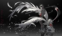  blonde_hair boots choker feathers hoodie isaac_foster long_hair male polychromatic rachel_gardner reflection satsuriku_no_tenshi scythe short_hair tidsean weapon wings 